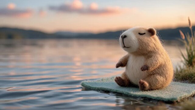 Animated capybara relaxing by the lake at sunset with peaceful calmness and serenity