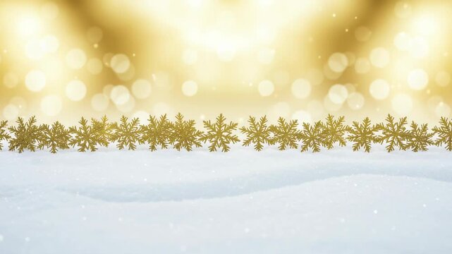 Golden snowflakes border on snow with bokeh lights background