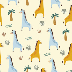 Pixel Art Seamless Pattern Features Cute Cartoon Giraffes and Palm Trees on a Cream Background Ideal for Childrens Designs