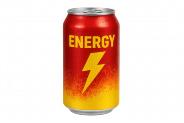 Energy drink aluminum can with condensation and lightning bolt logo on vibrant red and yellow gradient, transparent background