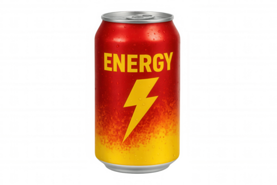 Energy drink aluminum can with condensation and lightning bolt logo on vibrant red and yellow gradient, transparent background