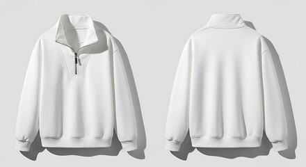 White quarter zip sweatshirt, front and back view, isolated on white background