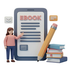 3d icon of woman reading ebook on tablet with pencil and books isolated on white background