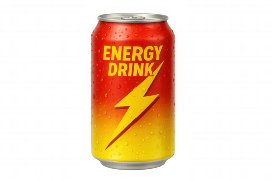 Energy drink can, refreshing beverage for boosting energy, cold with water drops, isolated on transparent background