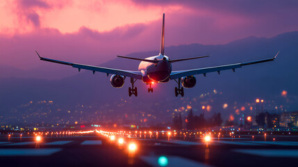 Airplane landing twilight sky runway lights mountain silhouette jet aircraft dusk clouds airport approach travel concept evening glow aviation scene. calm mood enhances dramatic descent