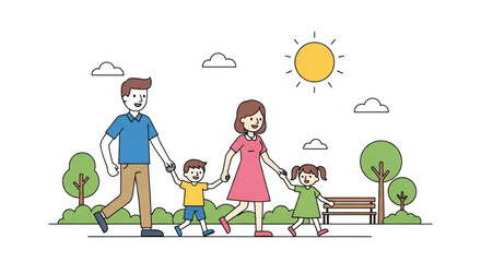 A happy family is walking in the park, holding hands and enjoying the sunny weather vector illustration in flat style