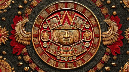 Obraz premium Aztec calendar gold relief red ornament tribal pattern ancient symbol carved texture decorative circle mythic face ornate detail cultural art. Aztec calendar gold relief with red ornament