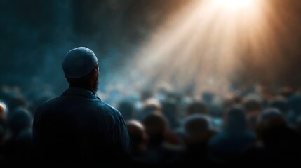 Elderly man in kufi facing a crowd under a dramatic beam of light symbolizing spiritual guidance and communal worship