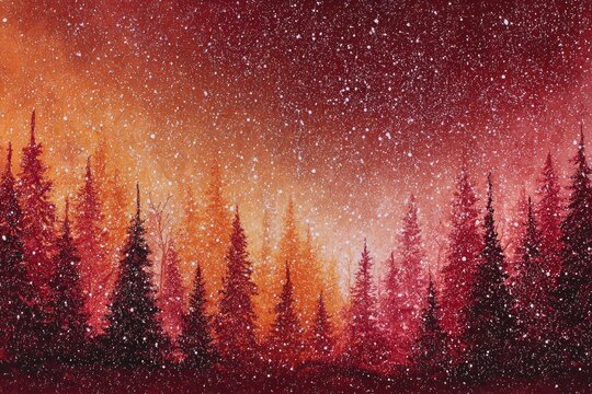 Snowy forest at dawn, in warm, reddish hues