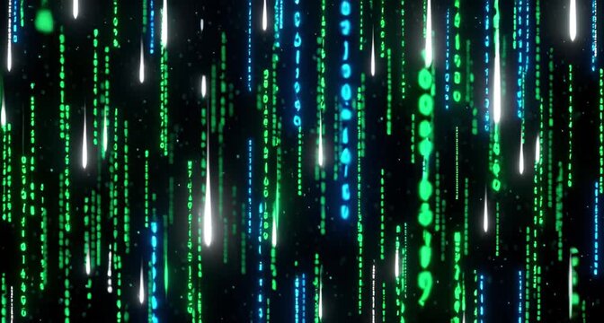 Digital rain of binary code, green and blue numbers falling like rain, representing data stream and matrix effect animated 4k video