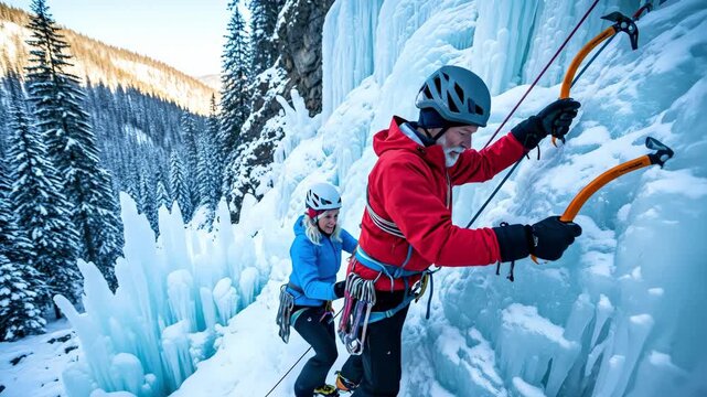 An ice climbing winter frozen waterfall adventure couple teamwork mountaineer ice tool rope helmet, ice climbing frozen waterfall winter mountain forest couple helmets and ropes using ice tools