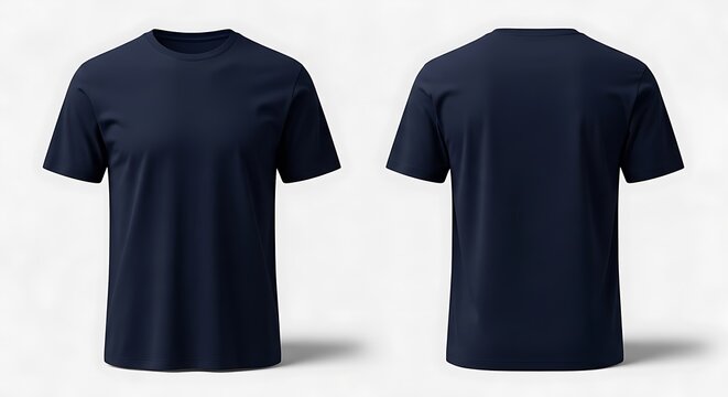 Navy blue tshirt from front and back views isolated on white background