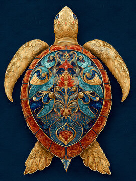 Ornate turtle tribal pattern colorful shell ocean blue gold detail intricate design folk art stylized animal marine life decorative motif capture serene wonder with graceful balance and cultural