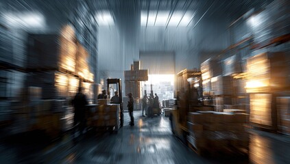 Warehouse interior, busy scene, motion blur