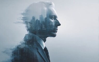 Executive portrait of a man in a suit with holographic city overlay in a professional setting