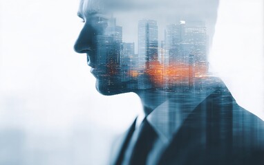 Business executive portrait of a man against a city background with holographic overlay