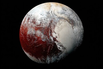 Fototapeta premium Distant dwarf planet, showcasing diverse terrains of frozen nitrogen and icy plains against a black void