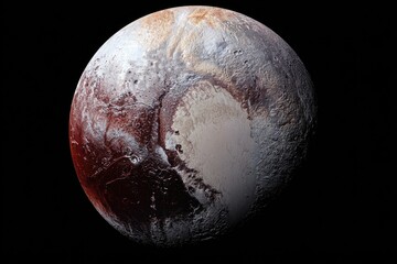 Distant dwarf planet with a mottled surface of varied terrains and atmospheric effects