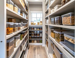 Well-organized pantry with ample shelving, filled with clear storage containers holding various dry goods