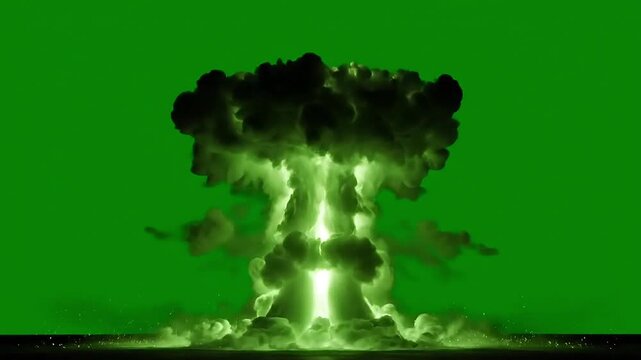 Dramatic atom bomb explosion on green screen backdrop, perfect for visual effects and compositing projects needing powerful impact and realistic simulation