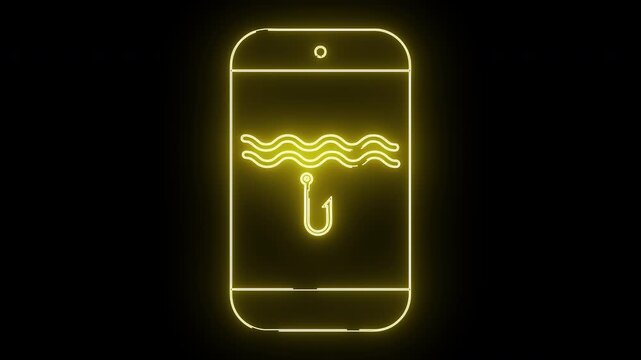 A neonyellow outline of a smartphone displaying waves and a fishing hook icon