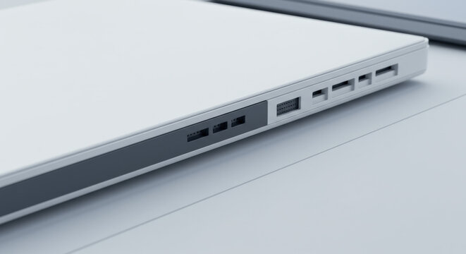 Minimalist Closed Laptop with Multiple Ports on Light Blue Desk