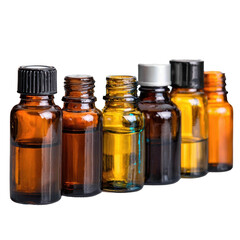 Collection of amber glass bottles for liquids