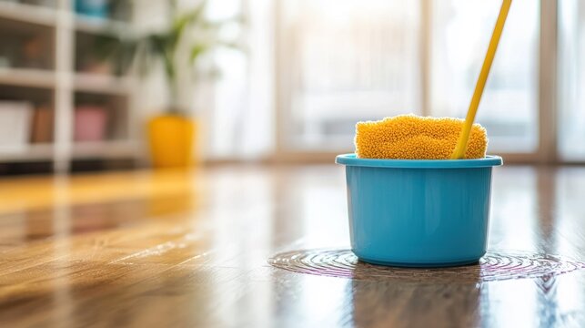 A blue mop bucket with a yellow mop and a yellow sponge inside, sitting on a wooden floor with a blurred background of a room with a window and a plant. - Powered by Adobe