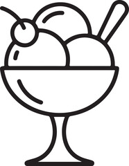 A simple black and white line art illustration of an ice cream sundae in a tall stemmed glass. The dessert consists of three round ice cream scoops in a curved glass bowl with a long metal spoon. 