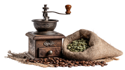 a vintage coffee grinder with roasted and green coffee beans isolated on white background