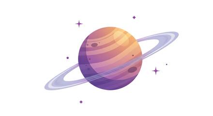 Colorful Stylized Planet Saturn with Rings and Sparkling Stars, Cosmic Space Illustration