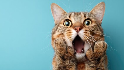 Naklejka premium Surprised tabby cat against a light teal background