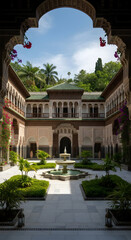 Fototapeta premium Architectural courtyard with fountain and lush vegetation