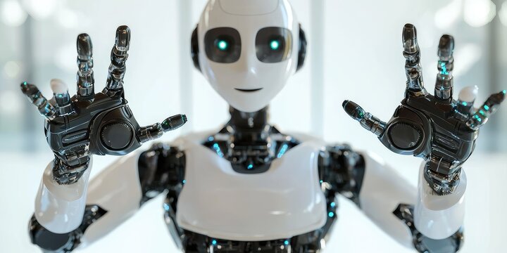 A humanoid robot with glowing eyes and black and white color scheme, standing in a modern, minimalist setting with a glass wall and a white background.