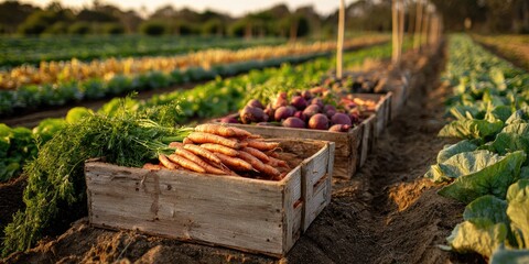 Fresh produce in wooden crates in a farm field