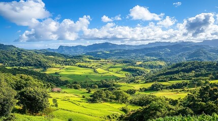 A lush, green landscape with rolling hills and mountains in the distance, under a blue sky with white clouds.
