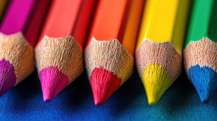 A close-up of colored pencils with a blue background.