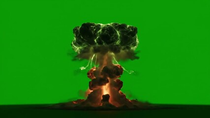 Dramatic nuclear explosion with mushroom cloud on green screen for compositing, perfect for action movies and documentaries or historical reenactments