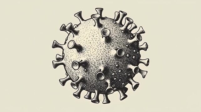 A detailed black and white illustration of a viral particle with protruding spikes on a neutral background