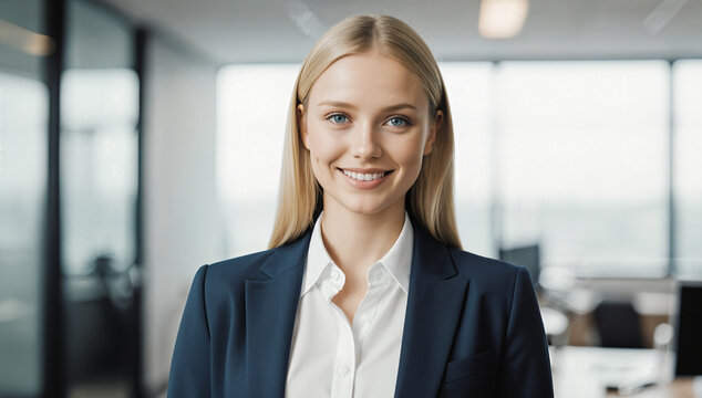 A confident woman with long blonde hair is smiling while wearing a dark suit in a contemporary office setting filled with natural light. Her expression conveys professionalism and approachability
