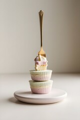Minimalist Pastel Layered Dessert on Golden Fork, Elegant Food Photography