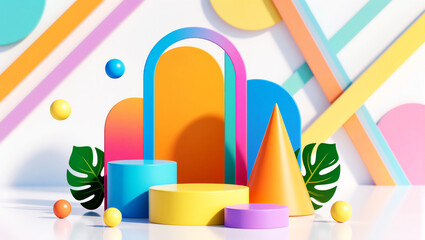 Obraz premium Vibrant 3D Geometric Product Display with Tropical Leaves