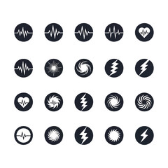Collection of abstract symbols representing heartbeat, energy, and motion in black circles conveying modern technology and scientific concepts.