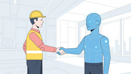 AI and Industry Partnership: Construction Worker Handshake with Blue Robot