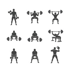 Silhouette of man lifting weights in gym doing various exercises for strength training and fitness, promoting healthy lifestyle.
