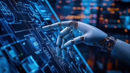 A robot hand interacting with a digital interface in a futuristic setting.