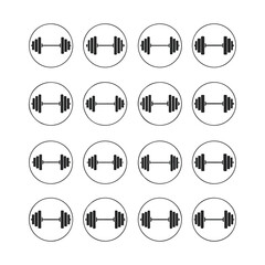 Dumbbells arranged in a grid pattern on white surface representing fitness and exercise for healthy lifestyle.