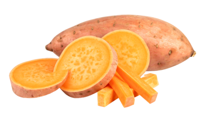 Sweet potato with round slices and sticks, orange flesh, and light brown skin, on white png cutout