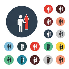 Man holding upward arrow represents growth and progress in business on colorful circular buttons, symbolizing success and achievement.