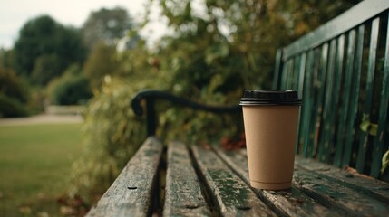 Coffee cup on a park bench with trees and grass in the background.